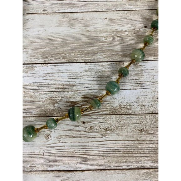 Bead Necklace 26 in No Clasp Green Natural Malachite W Amber Colored Spacer Vtg - Picture 3 of 11
